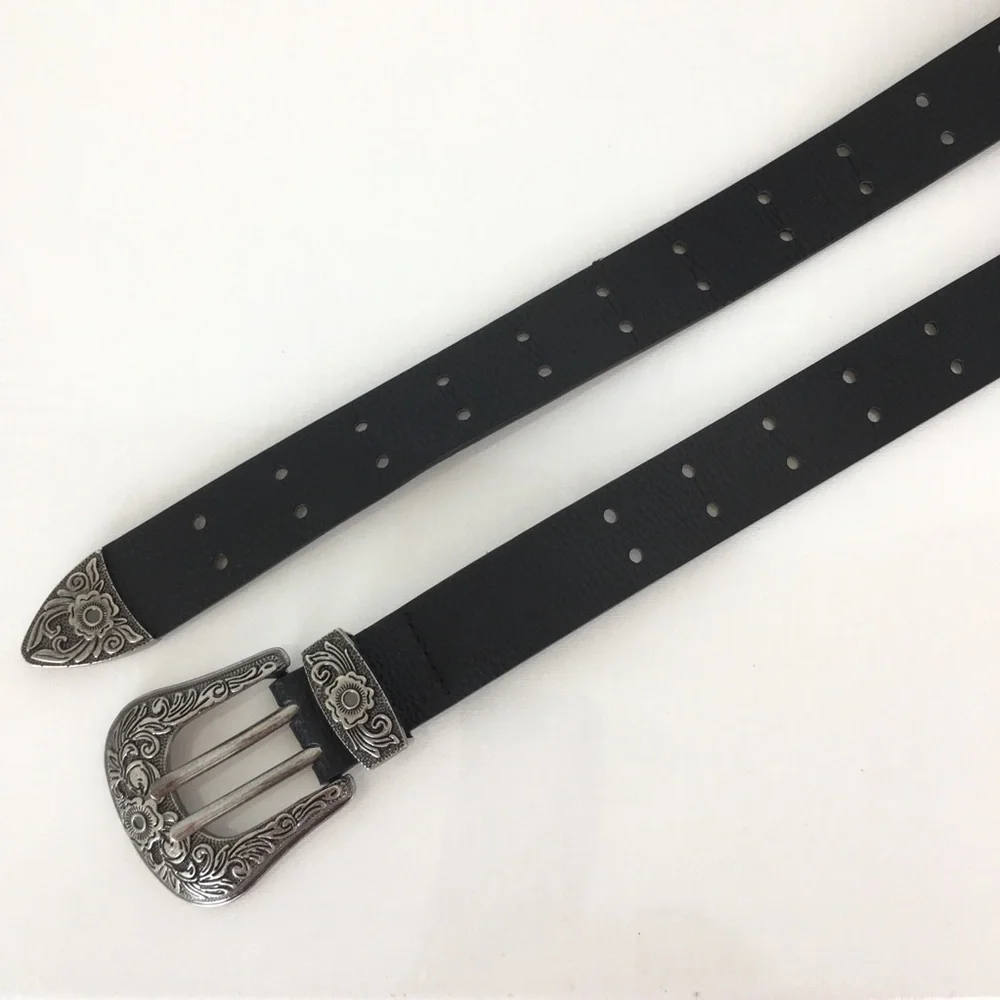 Women’s Black Vegan Leather Western Belt Antique Silver Floral Buckle Size M